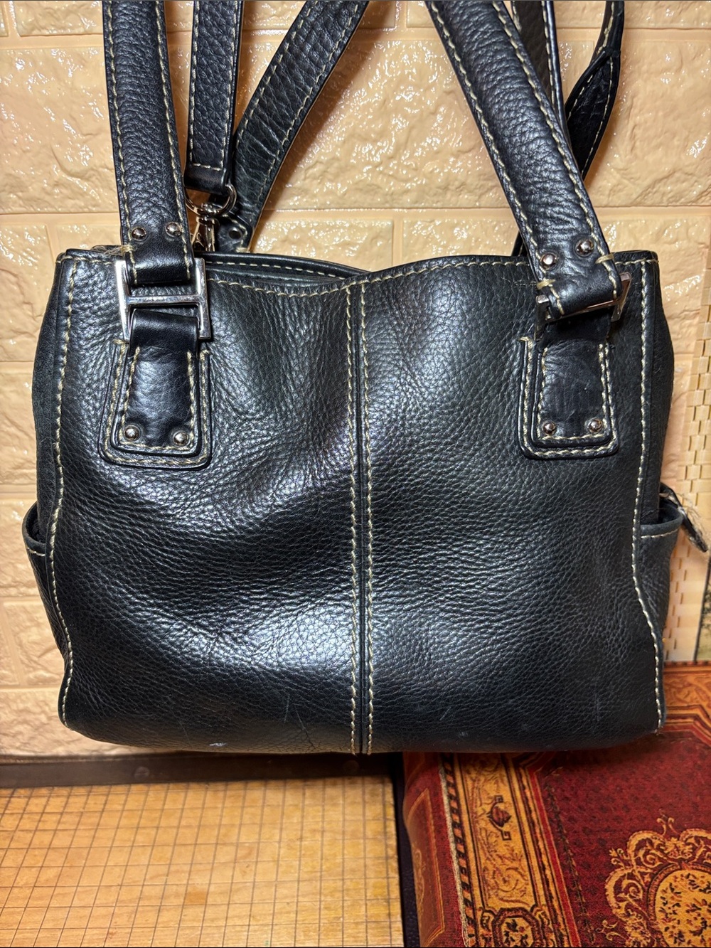 Fossil Leather Bag Bright Black Pebbled Satchel w Silver w Shoulder Strap - Picture 7 of 17
